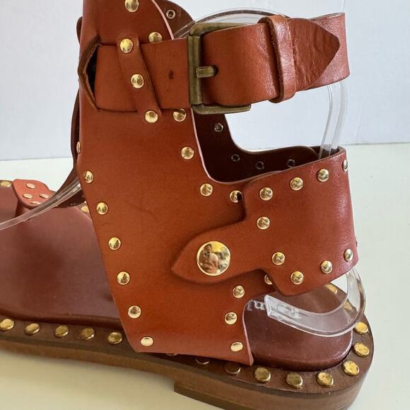 Frankie Segal Sandals Gladiator Studded Cognac Tan Gold Leather Retail$495 Sz 36 - Picture 4 of 10